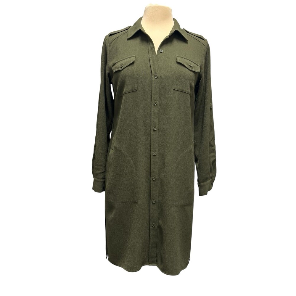 Linea by Louis Dell’Olio Oversized Shirt Dress XS Olive Green Crepe Gauze - Picture 2 of 11